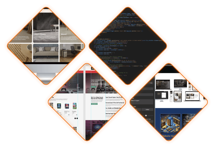 Dev Tech Solutions | A collection of 4 images contained in the Dev Tech Solutions diamond depicting our core services of: Website Design, Website Build, SEO & Search and Support & Hosting